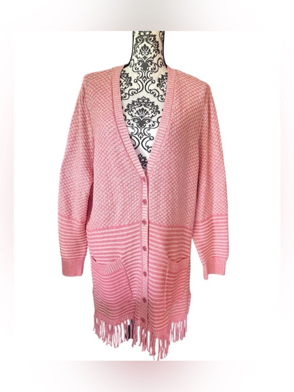 🎉Host Pick🎉 Isaac Mizrahi Live Pink Cardigan Sweater with Fringe 2X